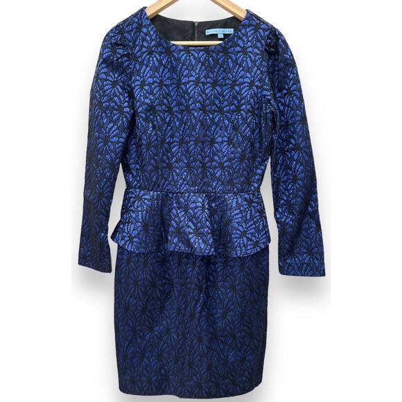 ANTONIO MELANI Blue Satin w Black Lace Peplum Midi Sheath Dress Sz 6 80s Style - Picture 1 of 8